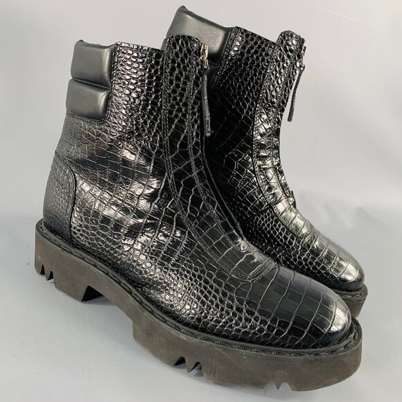 AQUATALIA Size 11 Black Leather Croc Embossed Zip Up Boots